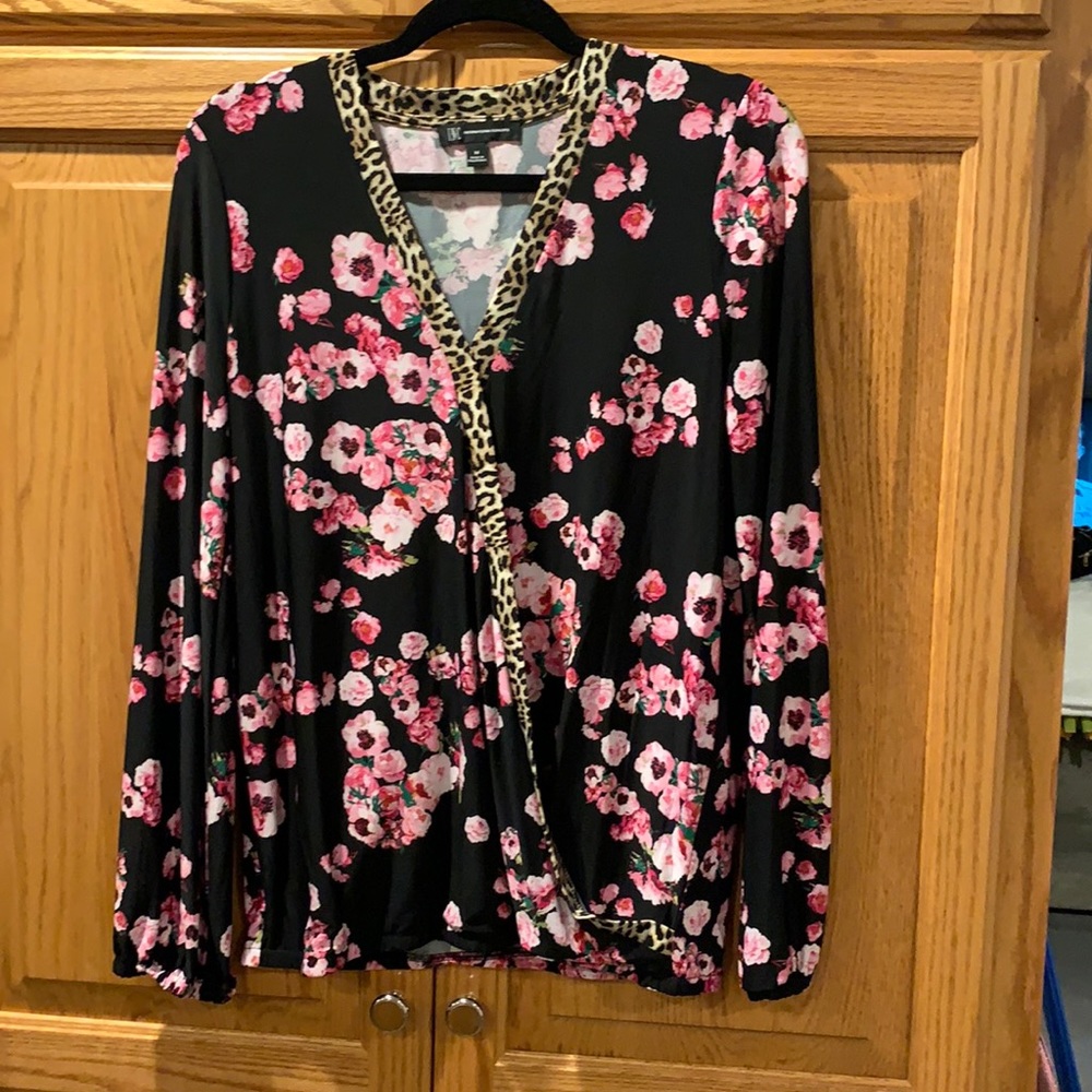 INC long sleeve black top with cherry blossoms MED
